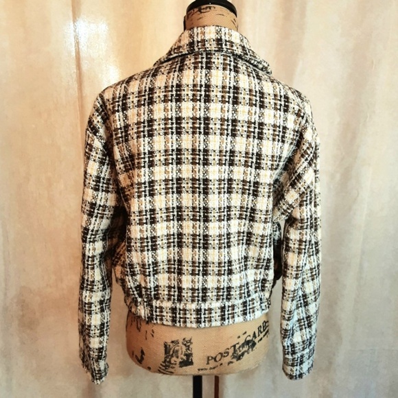 NWT Oversized Boho Crop Jacket Blazer Brown Cream Tweed Metallic Gold Sz S - Picture 4 of 15